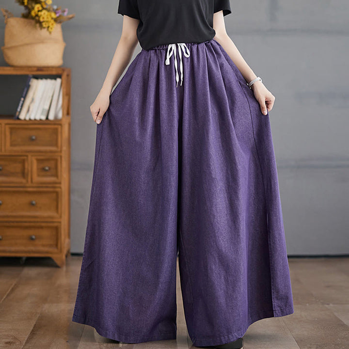 Pantaloni larghi da donna in cotone con apertura a fessura e tasche, stile retrò Buddha Stones - image 3