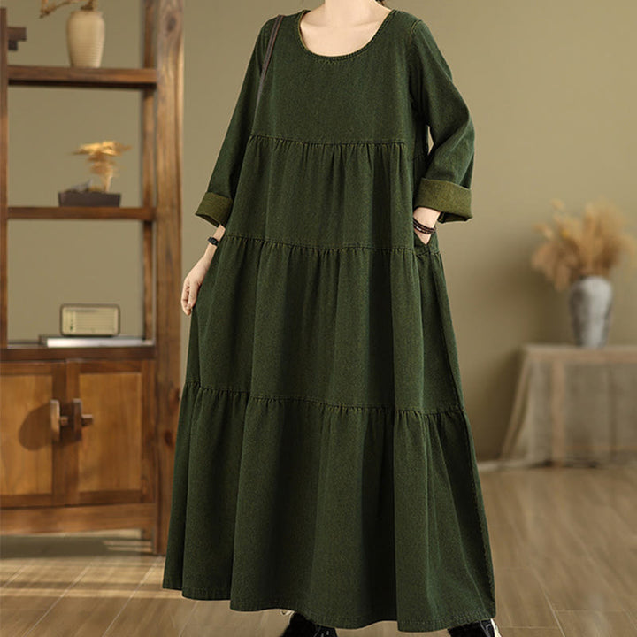 Abito lungo da donna in cotone con maniche lunghe e tasche, motivo patchwork verde oliva scuro Buddha Stones - image 3