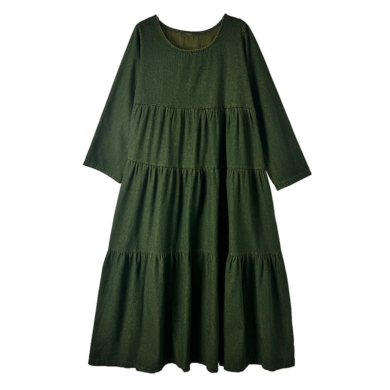 Abito lungo da donna in cotone con maniche lunghe e tasche, motivo patchwork verde oliva scuro Buddha Stones - image 13