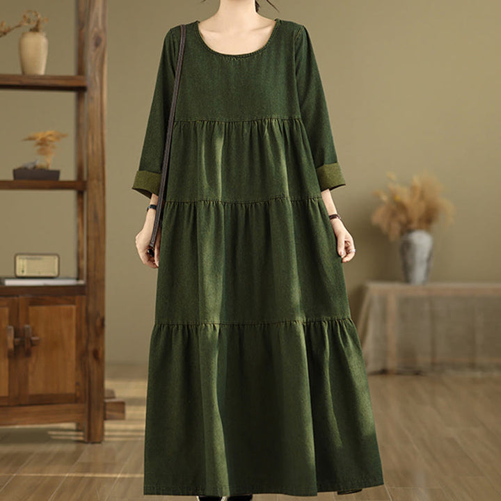 Abito lungo da donna in cotone con maniche lunghe e tasche, motivo patchwork verde oliva scuro Buddha Stones - image 5