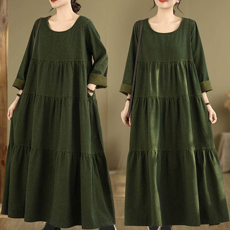 Abito lungo da donna in cotone con maniche lunghe e tasche, motivo patchwork verde oliva scuro Buddha Stones - Verde oliva scuro - US14, UK/AU18, EU46 (3XL) - image 1
