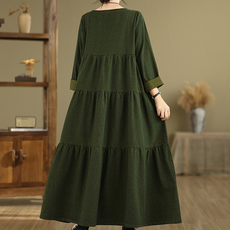 Abito lungo da donna in cotone con maniche lunghe e tasche, motivo patchwork verde oliva scuro Buddha Stones - image 4