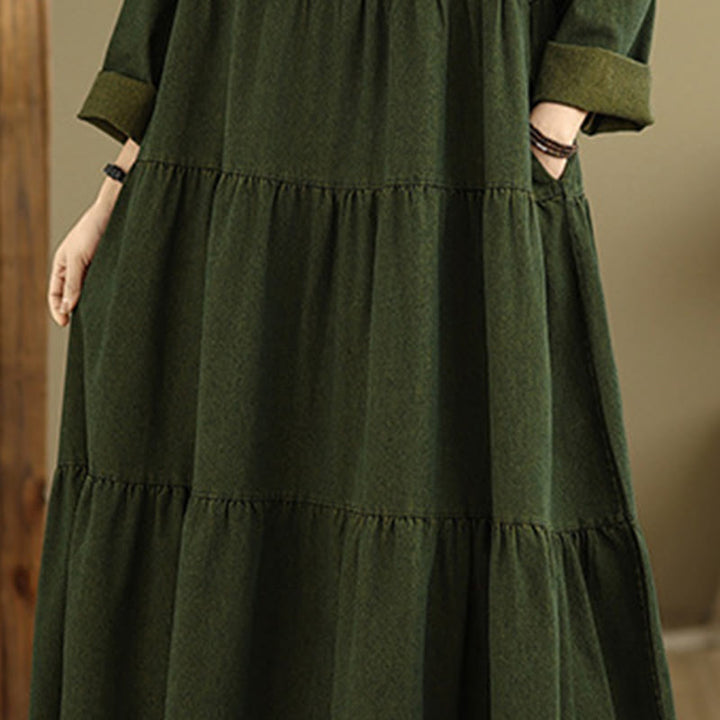 Abito lungo da donna in cotone con maniche lunghe e tasche, motivo patchwork verde oliva scuro Buddha Stones - image 8