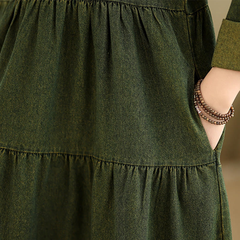 Abito lungo da donna in cotone con maniche lunghe e tasche, motivo patchwork verde oliva scuro Buddha Stones - image 12