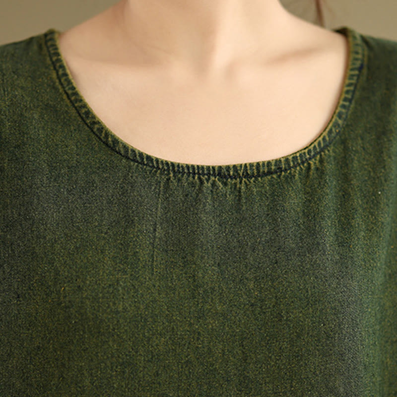 Abito lungo da donna in cotone con maniche lunghe e tasche, motivo patchwork verde oliva scuro Buddha Stones - image 7