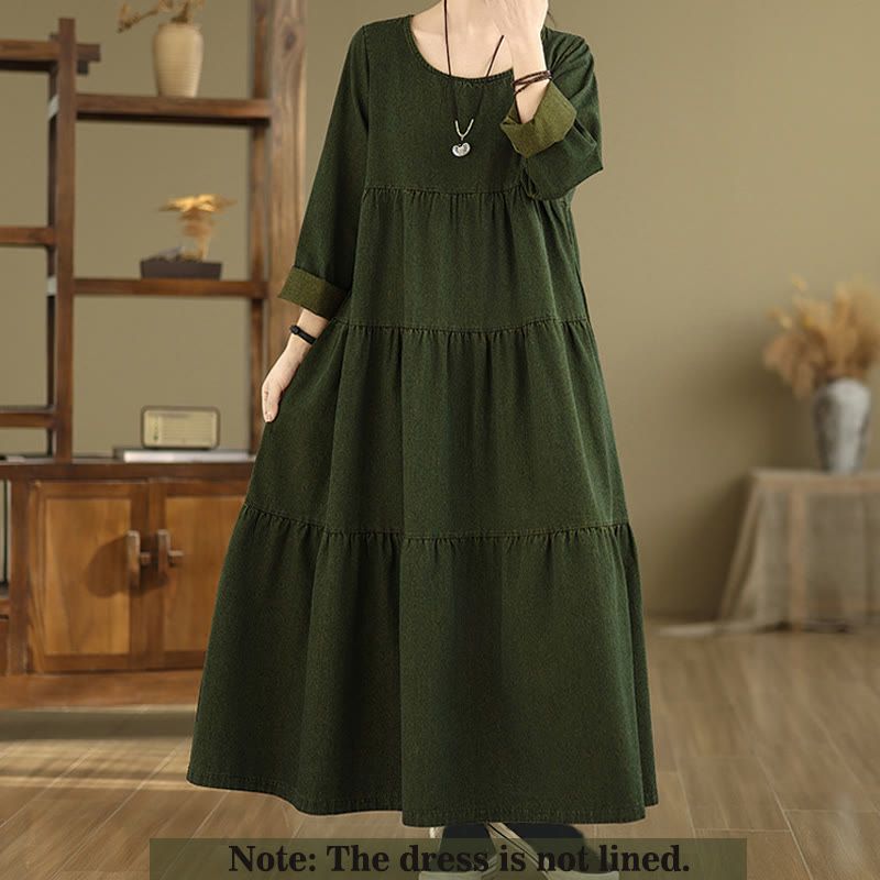 Abito lungo da donna in cotone con maniche lunghe e tasche, motivo patchwork verde oliva scuro Buddha Stones - image 1