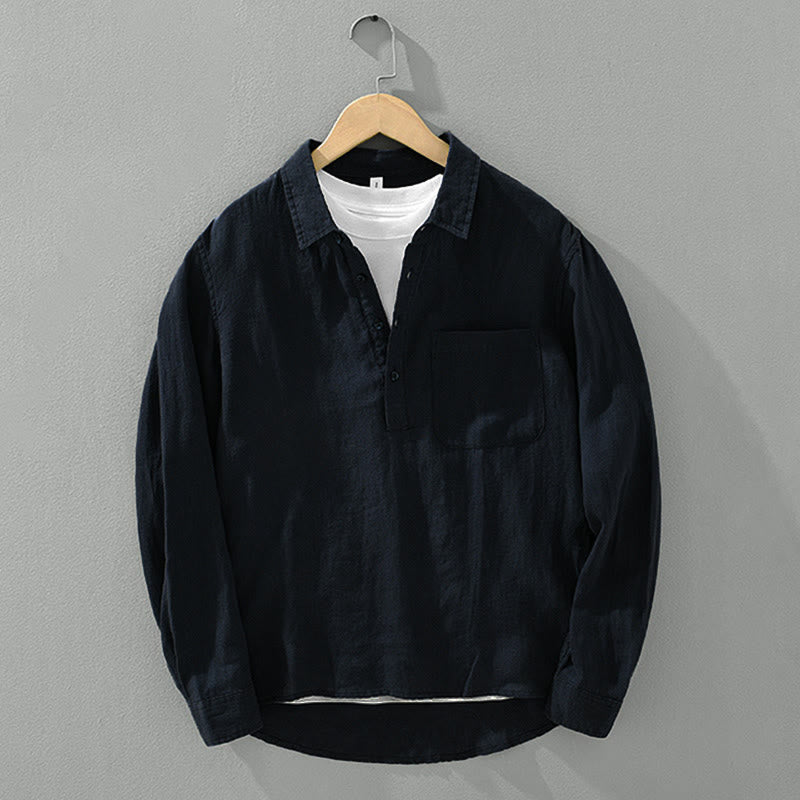 Camicia da uomo in lino con mezza manica e bottoni, tinta unita, Buddha Stones - image 13