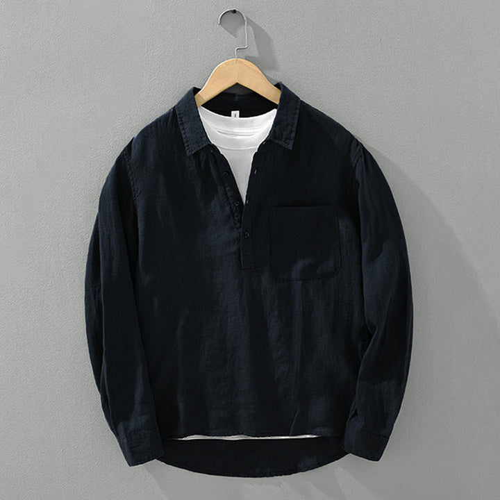 Camicia da uomo in lino con mezza manica e bottoni, tinta unita, Buddha Stones - image 13