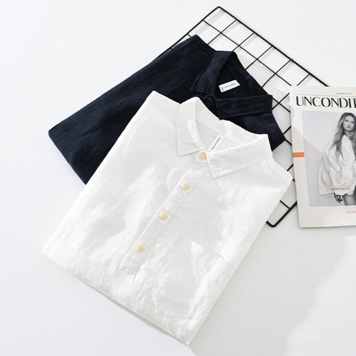 Camicia da uomo in lino con mezza manica e bottoni, tinta unita, Buddha Stones - image 16