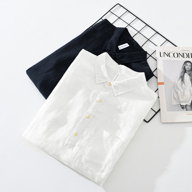 Camicia da uomo in lino con mezza manica e bottoni, tinta unita, Buddha Stones - image 16