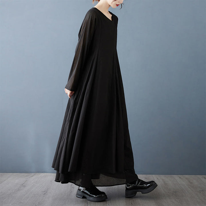 Abito midi da donna a maniche lunghe in cotone con design a doppio strato primaverile Buddha Stones - Nero - US12, UK/AU16, EU44 (2XL) - image 3