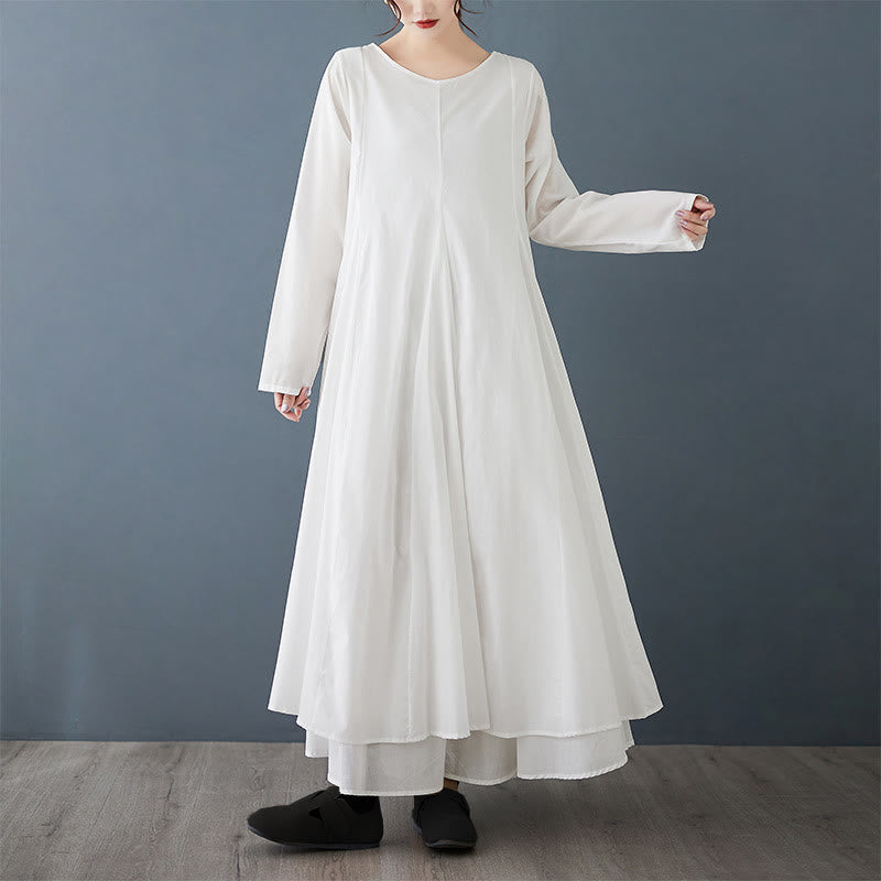 Abito midi da donna a maniche lunghe in cotone con design a doppio strato primaverile Buddha Stones - Bianco - US12, UK/AU16, EU44 (2XL) - image 1