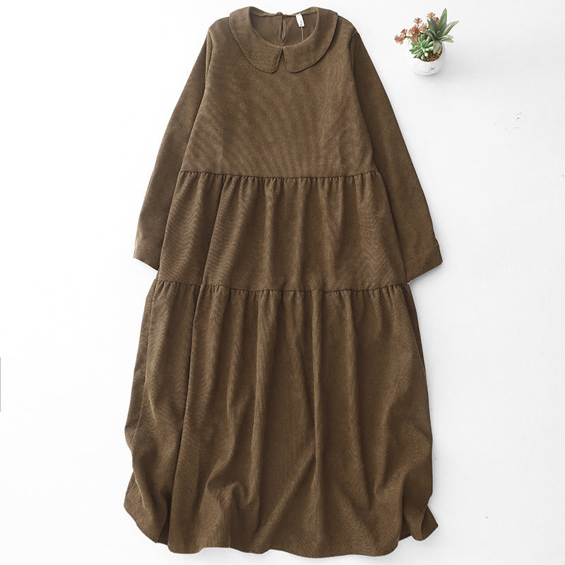 Abito midi a maniche lunghe in velluto a coste di cotone con colletto alla Peter Pan, tasche e bottoni con Buddha Stones - Marrone sella - US8-10, UK/AU12-14, EU40-42 (2XL) - image 1