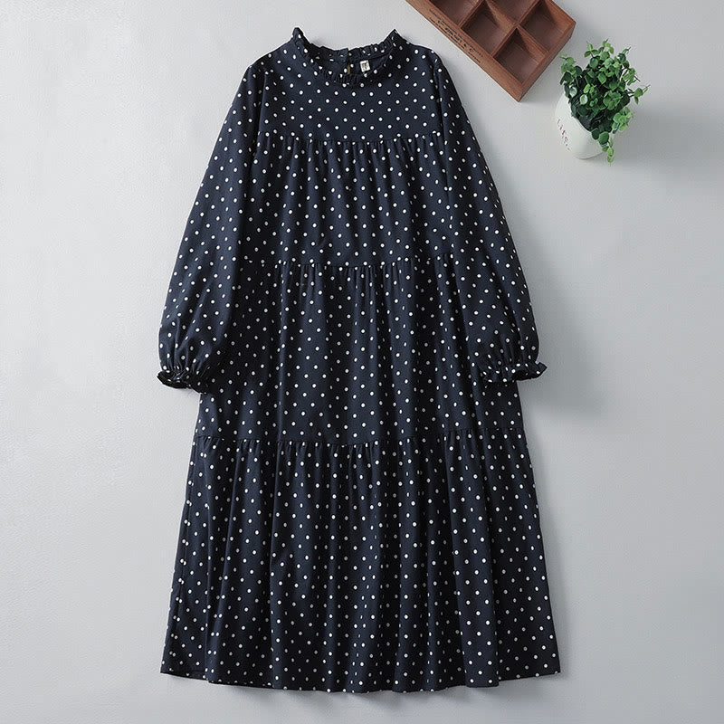 Abito midi in cotone e lino con maniche lunghe, motivo a pois primaverili Buddha Stones e tasche - Blu notte - US12, UK/AU16, EU44 (2XL) - image 11