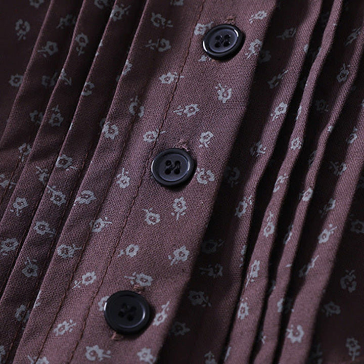 Abito midi in lino e cotone con maniche lunghe, pieghe a fisarmonica, stampa floreale con Buddha Stones e tasche - image 11