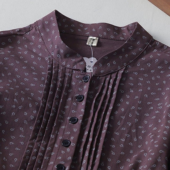 Abito midi in lino e cotone con maniche lunghe, pieghe a fisarmonica, stampa floreale con Buddha Stones e tasche - image 8