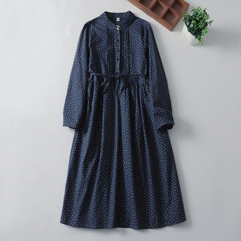 Abito midi in lino e cotone con maniche lunghe, pieghe a fisarmonica, stampa floreale con Buddha Stones e tasche - Blu notte - US8-10, UK/AU12-14, EU40-42 (2XL) - image 1