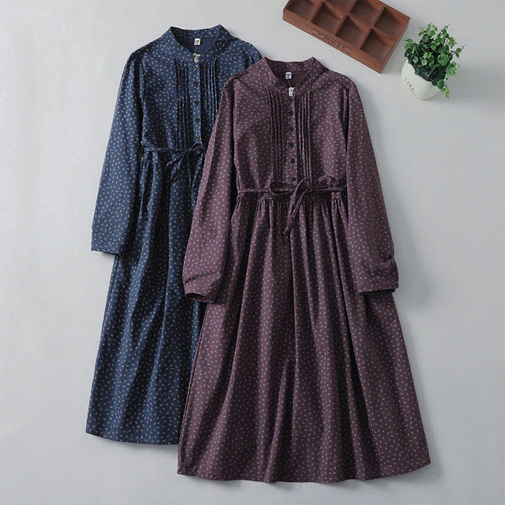 Abito midi in lino e cotone con maniche lunghe, pieghe a fisarmonica, stampa floreale con Buddha Stones e tasche - image 18