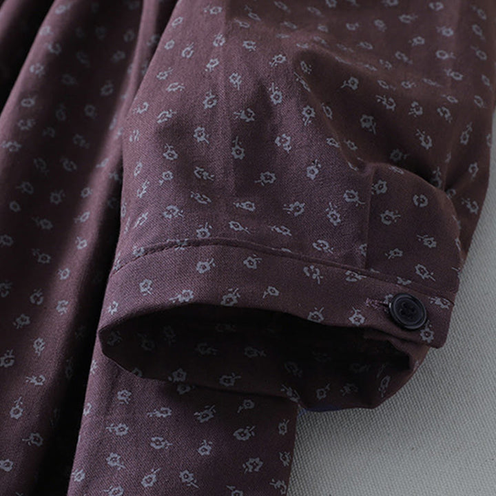 Abito midi in lino e cotone con maniche lunghe, pieghe a fisarmonica, stampa floreale con Buddha Stones e tasche - image 13