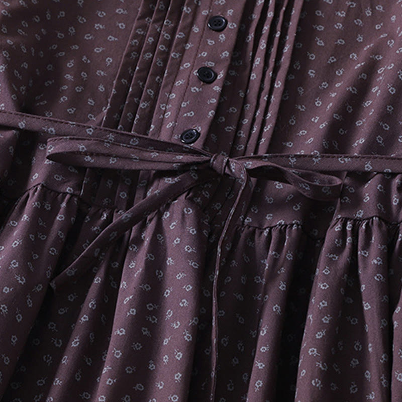 Abito midi in lino e cotone con maniche lunghe, pieghe a fisarmonica, stampa floreale con Buddha Stones e tasche - image 11