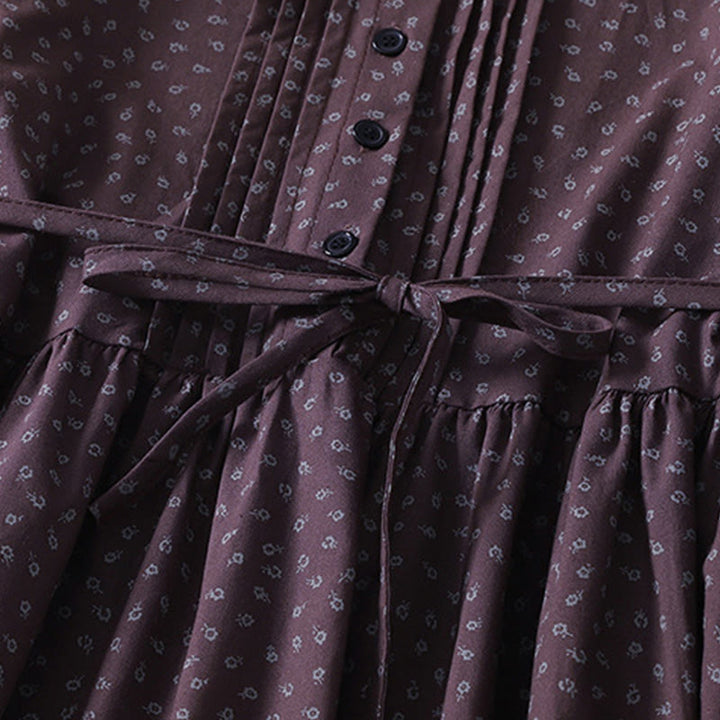 Abito midi in lino e cotone con maniche lunghe, pieghe a fisarmonica, stampa floreale con Buddha Stones e tasche - image 11