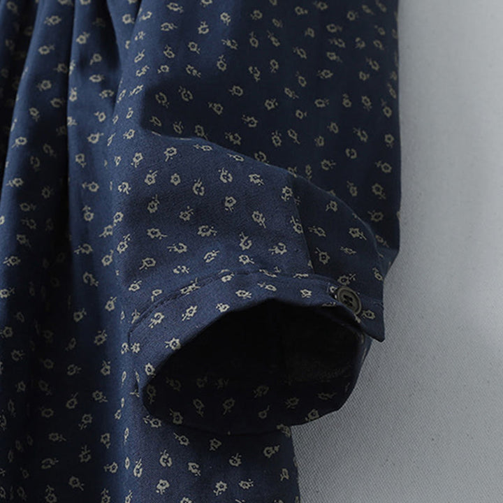 Abito midi in lino e cotone con maniche lunghe, pieghe a fisarmonica, stampa floreale con Buddha Stones e tasche - image 4