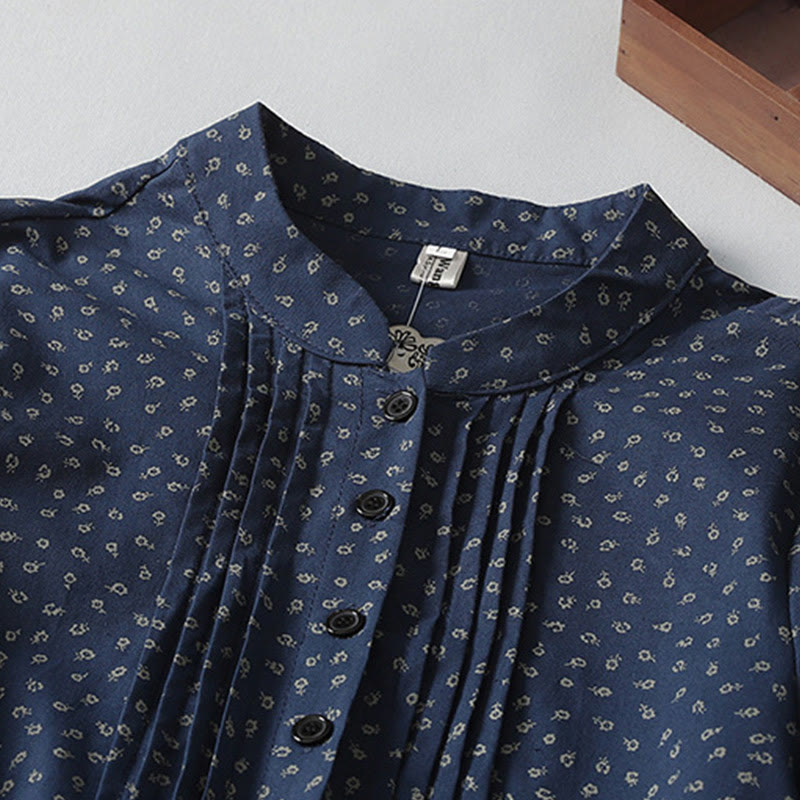 Abito midi in lino e cotone con maniche lunghe, pieghe a fisarmonica, stampa floreale con Buddha Stones e tasche - image 2