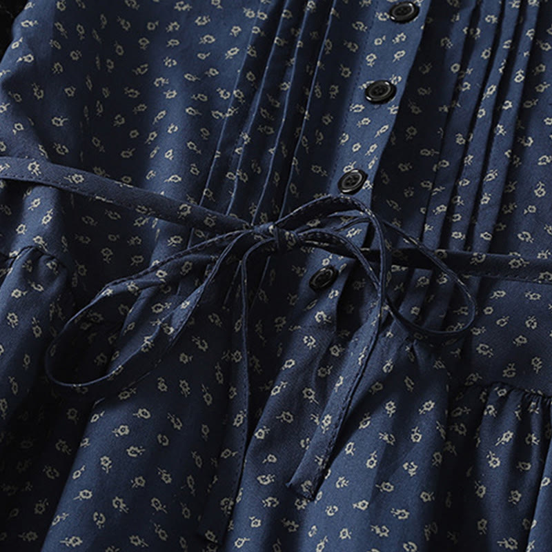 Abito midi in lino e cotone con maniche lunghe, pieghe a fisarmonica, stampa floreale con Buddha Stones e tasche - image 3