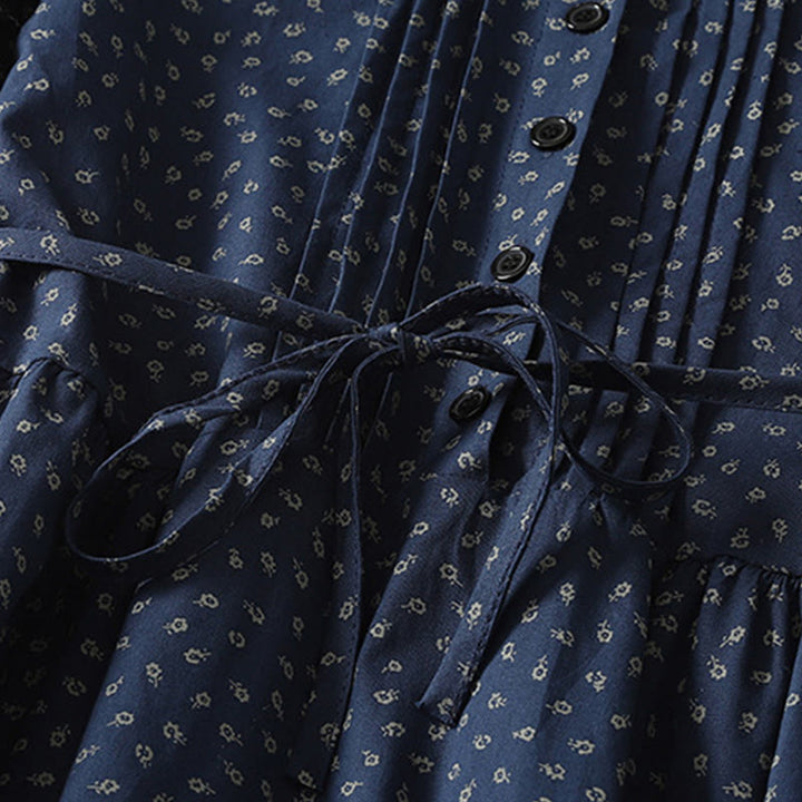 Abito midi in lino e cotone con maniche lunghe, pieghe a fisarmonica, stampa floreale con Buddha Stones e tasche - image 3