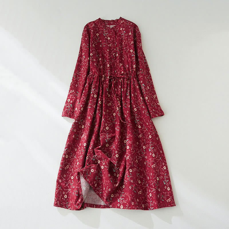 Abito midi in cotone e lino con maniche lunghe, stampa etnica floreale e lacci, motivo Buddha Stones - Cremisi - US8-10, UK/AU12-14, EU40-42 (2XL) - image 8