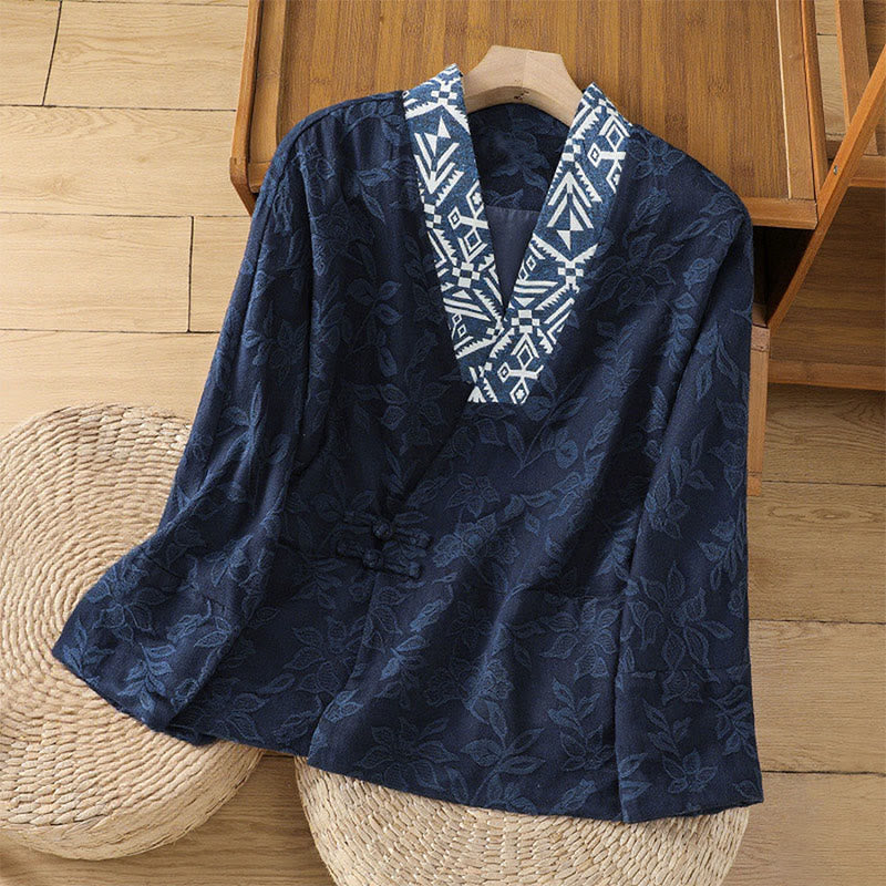 Camicia da donna in cotone e lino a maniche lunghe con bottoni a rana in Buddha Stones - Blu notte - US12, UK/AU16, EU44 (2XL) - image 1