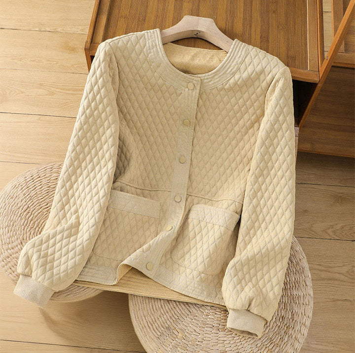 Giacca da donna in cotone a maniche lunghe con tasche, stile retrò, motivo Buddha Stones - LemonChiffon - US12, UK/AU16, EU44 (3XL) - image 1