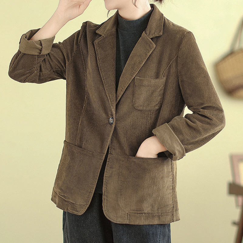 Giacca in velluto a coste a maniche lunghe con tasche da donna, stile retrò, Buddha Stones - image 1