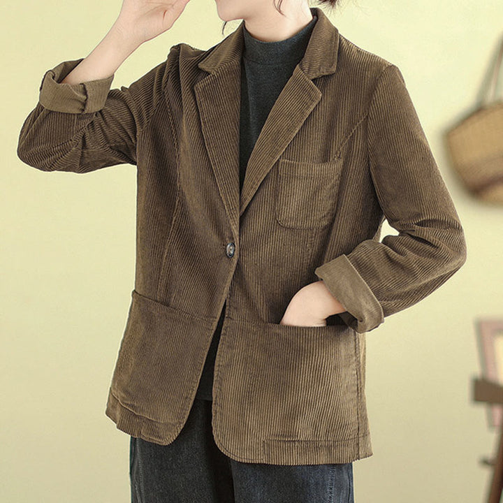 Giacca in velluto a coste a maniche lunghe con tasche da donna, stile retrò, Buddha Stones - image 1