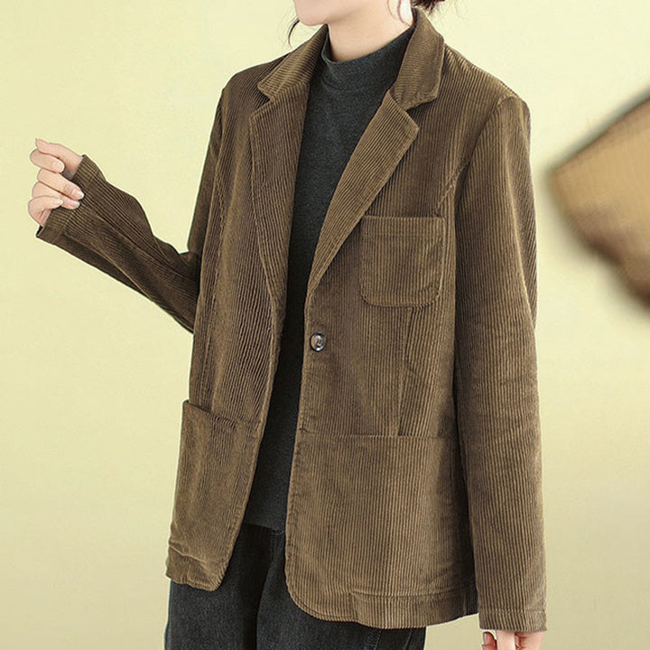 Giacca in velluto a coste a maniche lunghe con tasche da donna, stile retrò, Buddha Stones - image 3