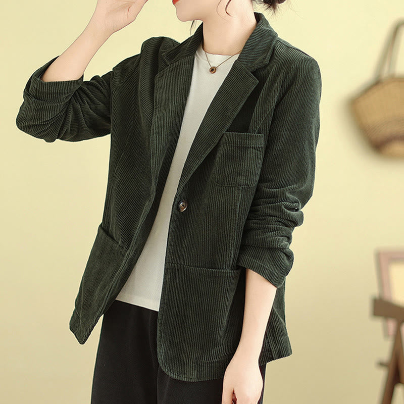 Giacca in velluto a coste di cotone a maniche lunghe con tasche, stile retrò, da donna, Buddha Stones - Verde oliva scuro - US12, UK/AU16, EU44 (2XL) - image 18