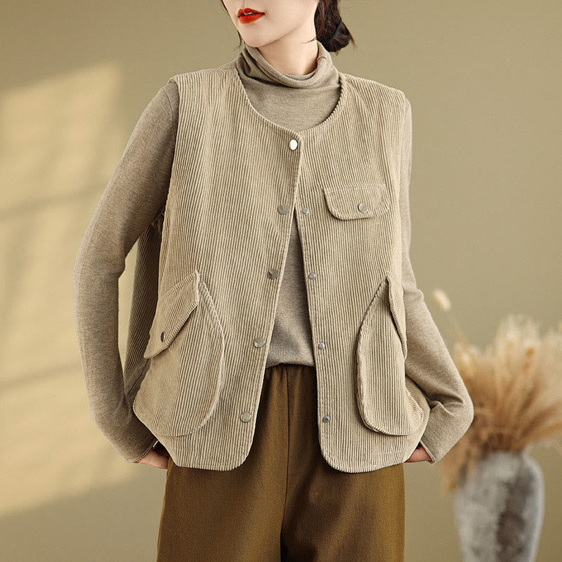 Gilet in velluto a coste con bottoni senza maniche Buddha Stones da donna con tasche - Grano - US14, UK/AU18, EU46 (2XL) - image 1