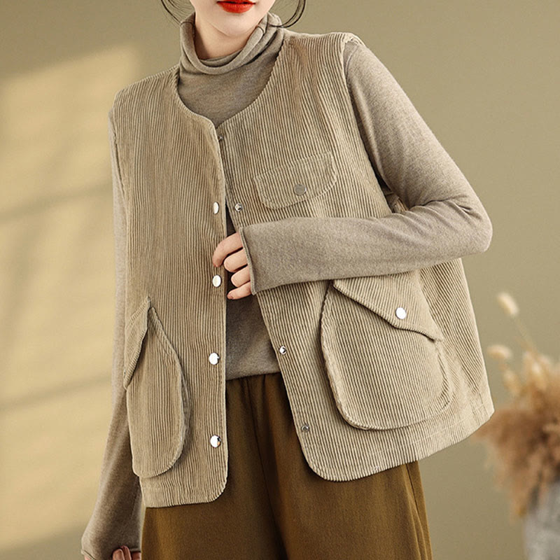 Gilet in velluto a coste con bottoni senza maniche Buddha Stones da donna con tasche - image 4