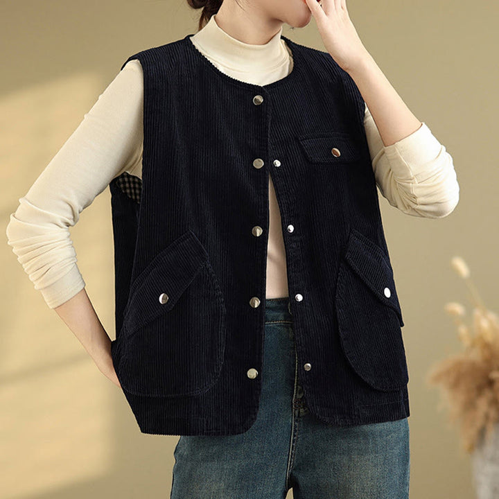 Gilet in velluto a coste con bottoni senza maniche Buddha Stones da donna con tasche - image 9