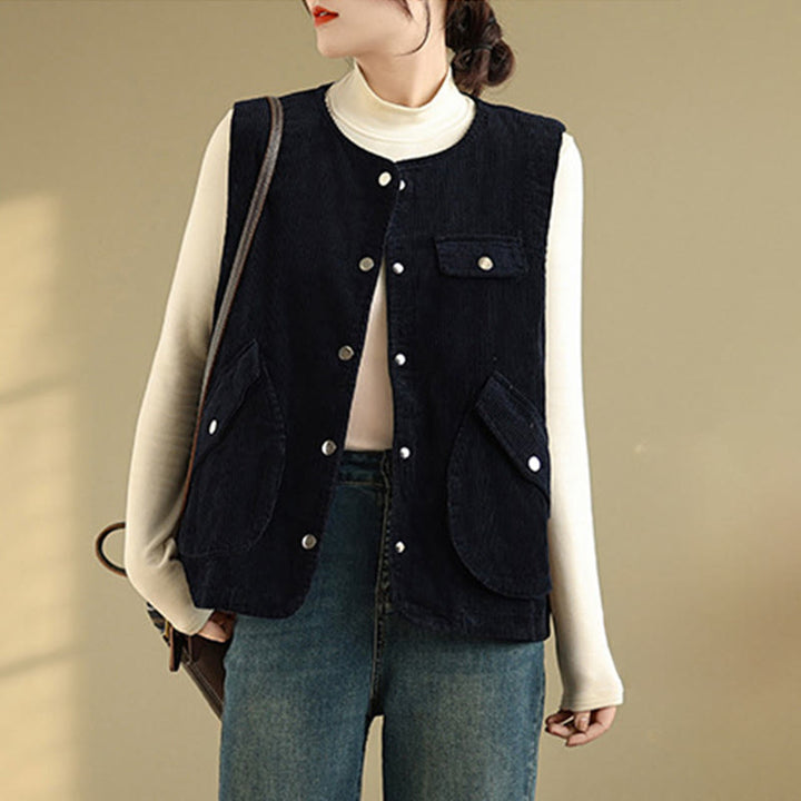 Gilet in velluto a coste con bottoni senza maniche Buddha Stones da donna con tasche - Nero - US14, UK/AU18, EU46 (2XL) - image 7