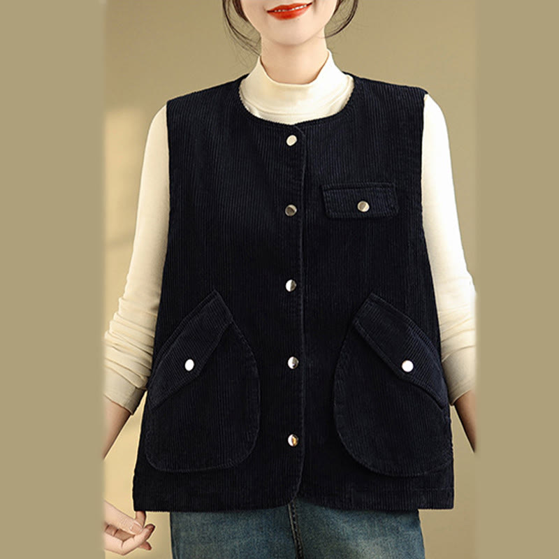 Gilet in velluto a coste con bottoni senza maniche Buddha Stones da donna con tasche - image 8