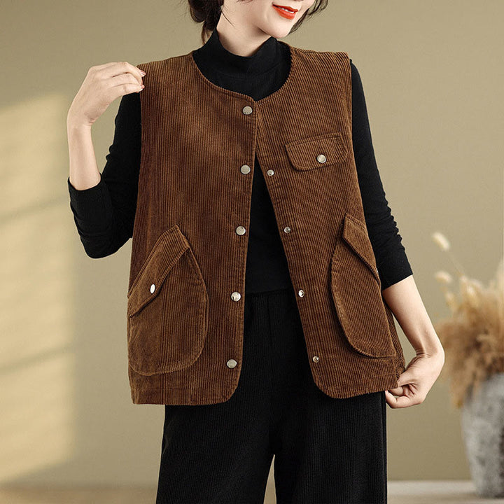 Gilet in velluto a coste con bottoni senza maniche Buddha Stones da donna con tasche - image 12