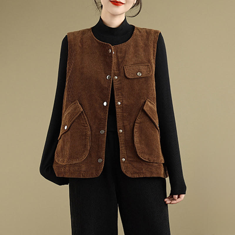 Gilet in velluto a coste con bottoni senza maniche Buddha Stones da donna con tasche - image 13