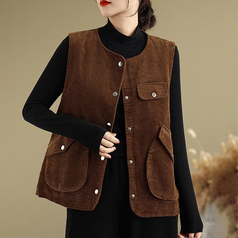 Gilet in velluto a coste con bottoni senza maniche Buddha Stones da donna con tasche - image 14
