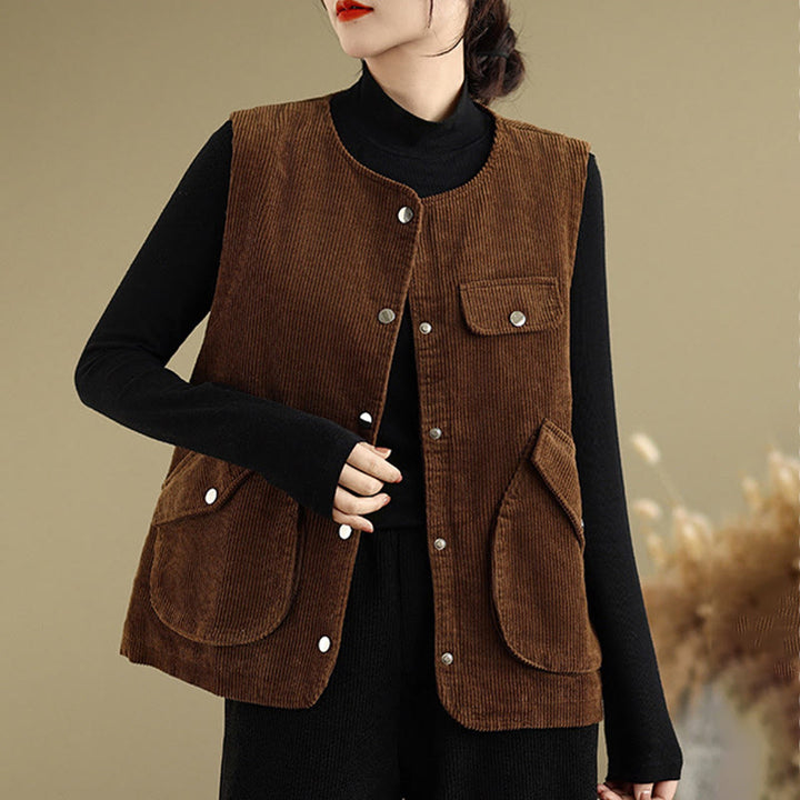 Gilet in velluto a coste con bottoni senza maniche Buddha Stones da donna con tasche - image 14