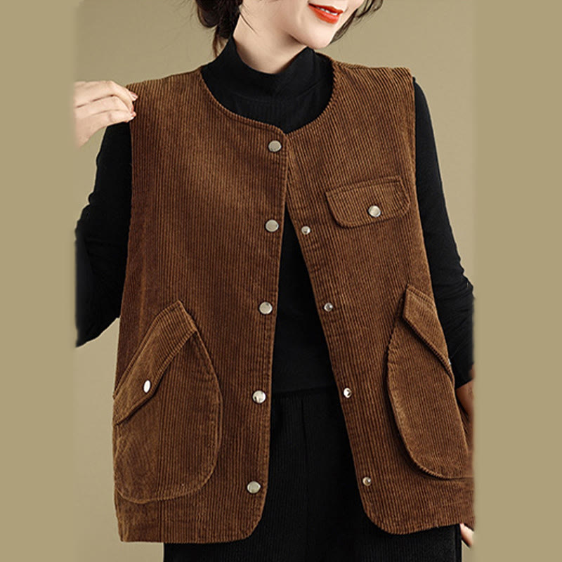 Gilet in velluto a coste con bottoni senza maniche Buddha Stones da donna con tasche - image 11