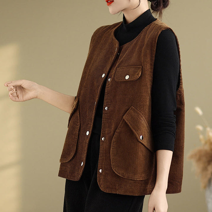Gilet in velluto a coste con bottoni senza maniche Buddha Stones da donna con tasche - image 15