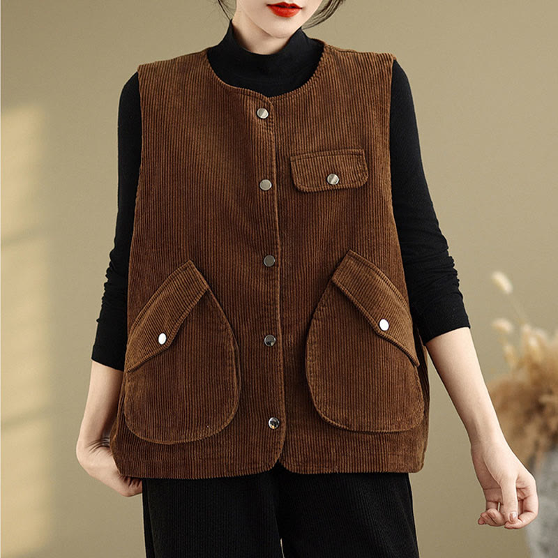 Gilet in velluto a coste con bottoni senza maniche Buddha Stones da donna con tasche - Marrone - US14, UK/AU18, EU46 (2XL) - image 10
