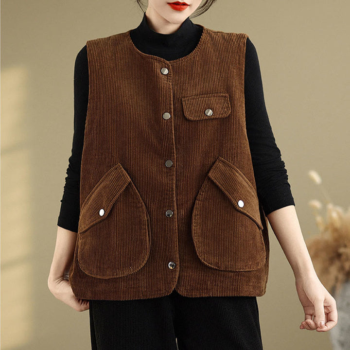 Gilet in velluto a coste con bottoni senza maniche Buddha Stones da donna con tasche - Marrone - US14, UK/AU18, EU46 (2XL) - image 10