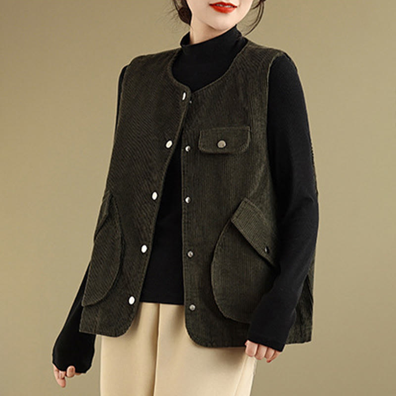 Gilet in velluto a coste con bottoni senza maniche Buddha Stones da donna con tasche - image 21